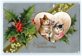 1908 Embossed Christmas Postcard Kittens Cats In A Heart With Mistletoe - $21.78