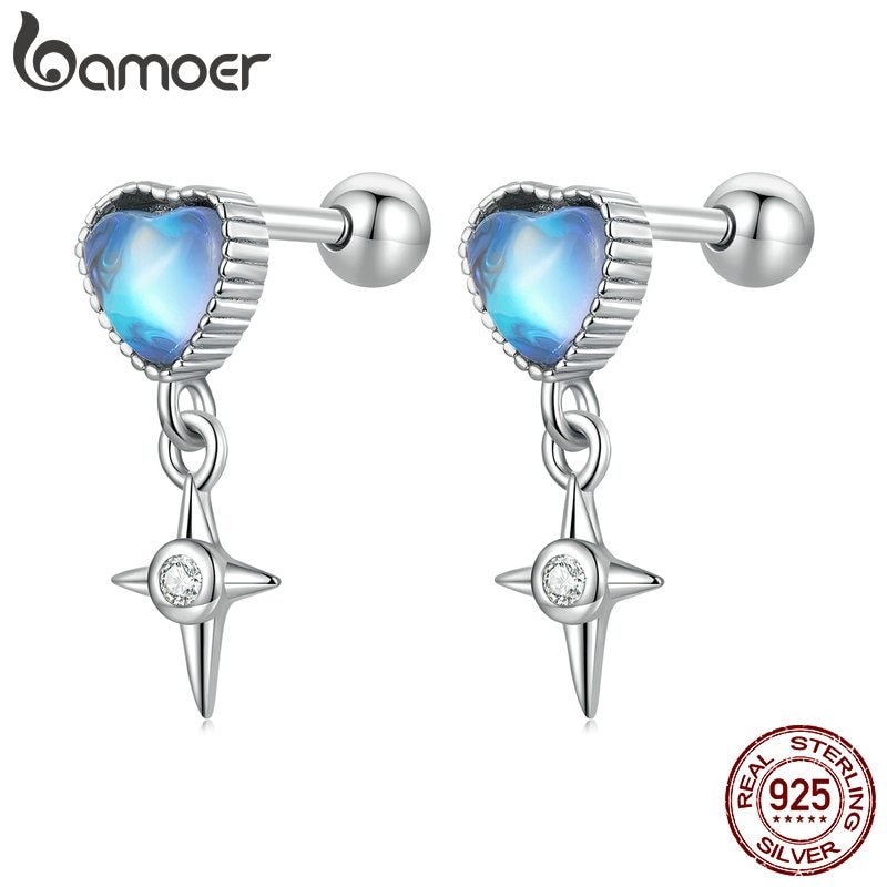 Bamoer Authentic 925 Silver Love Star Earrings for Women Fine Jewelry Shiny Blue - £17.46 GBP