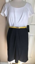 Jones New York White And Navy Blue Short Sleeve Dress W/ Yellow Belt NWT - $29.69