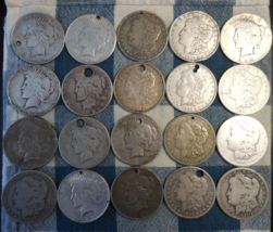 ROLL OF 20 MORGAN &amp; PEACE 90% JUNK SILVER DOLLARS DAMAGED POOR UGLY HOLE... - £488.46 GBP