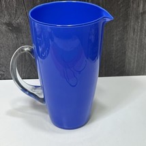 Blue Cased Glass Pitcher Hand  Made in Thailand Clear Applied Handle 9&quot; - £37.54 GBP