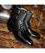New Men Handmade Black Pebbled Leather Buckle Lace Up Ankle High Boots f... - £117.15 GBP