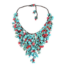 Handmade Red Synthetic Coral &amp; Simulated Blue Turquoise Waterfall Bib Ne... - $29.99