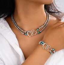 2 Piece Set Bohemia Turquoise Heart Bracelet Necklace - $22.29 CAD