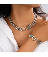 2 Piece Set Bohemia Turquoise Heart Bracelet Necklace - $22.29 CAD