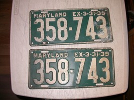 1939 Maryland License Plates Tag Original Pair  358-743 - £58.99 GBP
