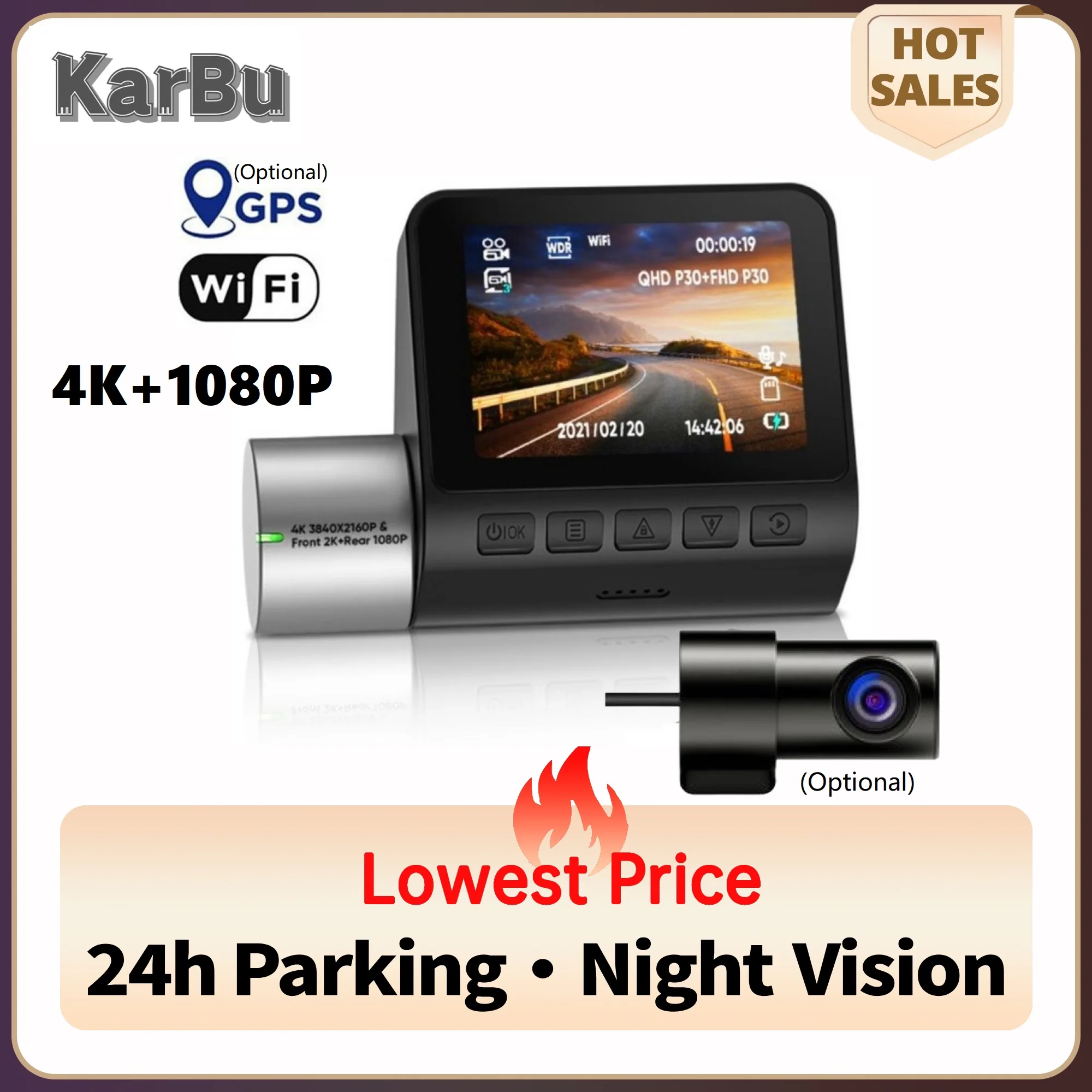 Dashcam 4k GPS WIFI 24h Parking Monitor Dash Cam Dual Camera for Car Dvr Night - £73.28 GBP+