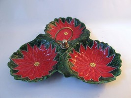 Vintage Christmas Poinsettia Tidbit Tray Handled Hand Painted McCormick Ceramics - £23.91 GBP