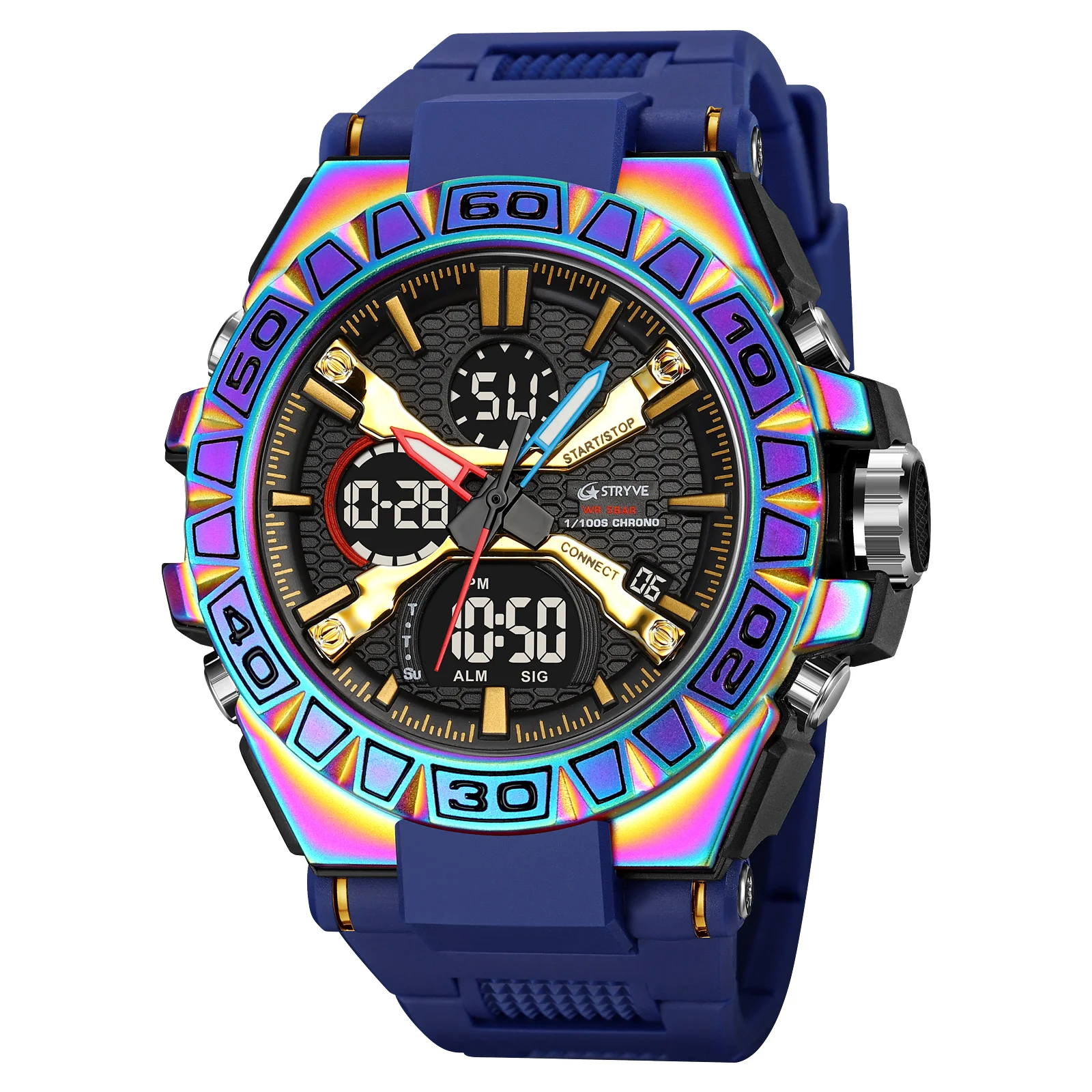 STRYVE Men&#39;s  50M Waterproof Clock Alarm Reloj Hombre 8026 Dual Display Wristwat - £94.03 GBP