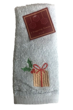Christmas Fingertip Towels Gold Present Holly Blue Embroidered Set of 2 Bathroom - £28.30 GBP