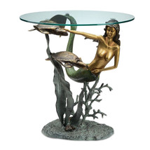 Bronze Finish Mermaid And Sea Turtles Glass Top End Table - £471.32 GBP