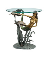 Bronze Finish Mermaid And Sea Turtles Glass Top End Table - £477.36 GBP