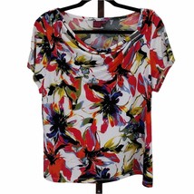 212 Collection Blouse Cowl Neck Short Sleeve Red White Multicolor Floral Size XL - £16.60 GBP