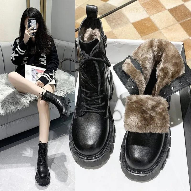  motorcycle boots warm plush leather ladies platform shoes faux fur fashion female punk thumb200