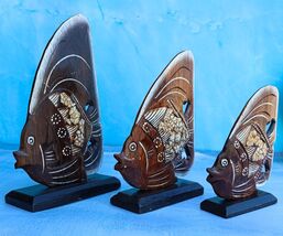 Balinese Wood Handicrafts Tribal Patterned Angel Fish Family Set of 3 Fi... - $24.45