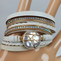 Vintage Hippie Earthy Bracelet 7 Inch Wrap Gold &amp; White 7 Layer - $9.32