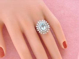 Vintage 1.25ct Aquamarine .9ctw Diamond Sunburst Cluster High Cocktail Ring 1950 - £1,555.98 GBP