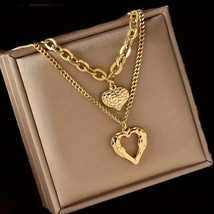Set of 2 Heart Necklaces in Gold-Plated Stainless Steel With Irregular Folds - £29.73 GBP