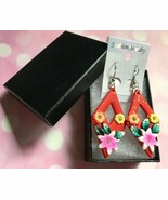 Earrings, Diamond-shaped, Hand-painted Flowers, Rhinestones, Silver-plat... - $300.01 MXN