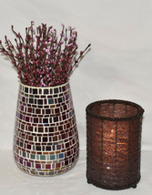 Vintage Stained Glass Mosaic Vase with Pip Rice Berry Sprays + Beaded Candle Jar - £52.17 GBP