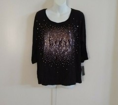 Thalia Sodi Women Shine Burst Sequin Graphic Cheers 3/4 Sleeve Black Top Size M - £16.56 GBP