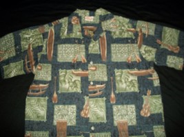 Go Barefoot Men&#39;s Outrigger Boat Blue Green Brown Hawaiian Shirt Size Medium - £35.96 GBP