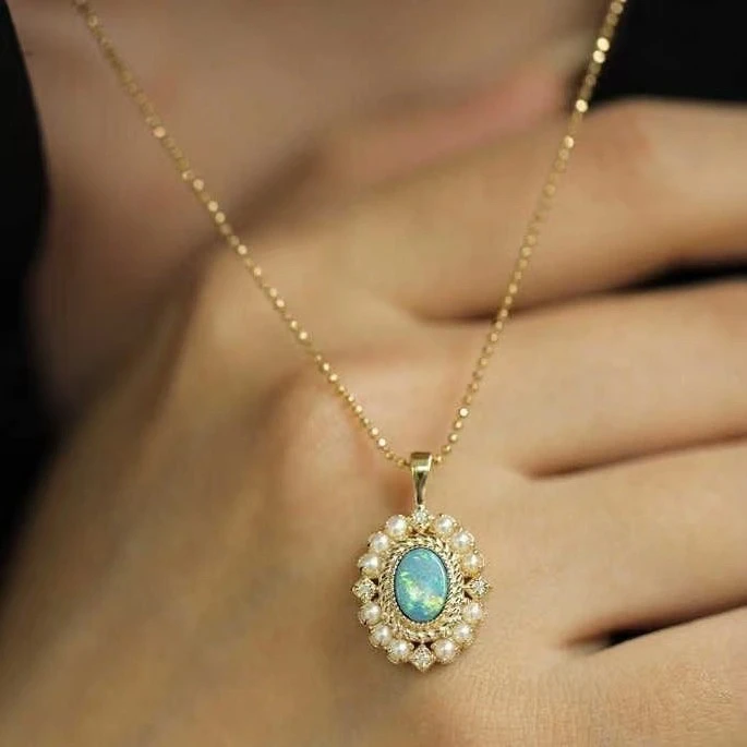 Vintage Luxury 925 Silver Synthetic Opal Pearl Pendant Necklace 9K Real Gold - £16.99 GBP+