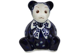 Polish Pottery Cobalt Blue Floral Dot Sitting Bear Figurine Bolesawiec Stoneware - £54.57 GBP