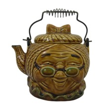 Vintage tea pot ceramic smiling grandma w/specs figural Japan 1960s wire handle - £22.85 GBP