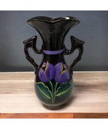 8” Black Clay Handpainted Vase with purple flowers Barro Negro Oaxaca - £30.85 GBP