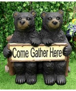 Large 21&quot;L Rustic Forest Twin Black Bears On Park Bench Holding Sign Statue - $3,668.63 MXN
