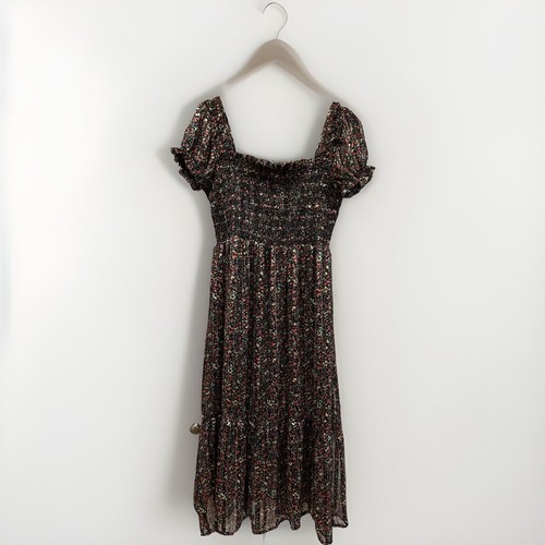 Dex Floral Maxi  Dress Lined  Size 10 Elasticized Top  Tiered Bottom Gol... - $26.58