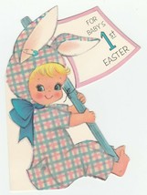 Vintage Easter Card Child in Bunny Suit Flocked 1960&#39;s Ambassador Unused - $8.90