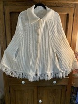 Vtg 60s Sweater Ivory Orlon Sweater Cape Dagger Collar Fringed Size M - £16.79 GBP