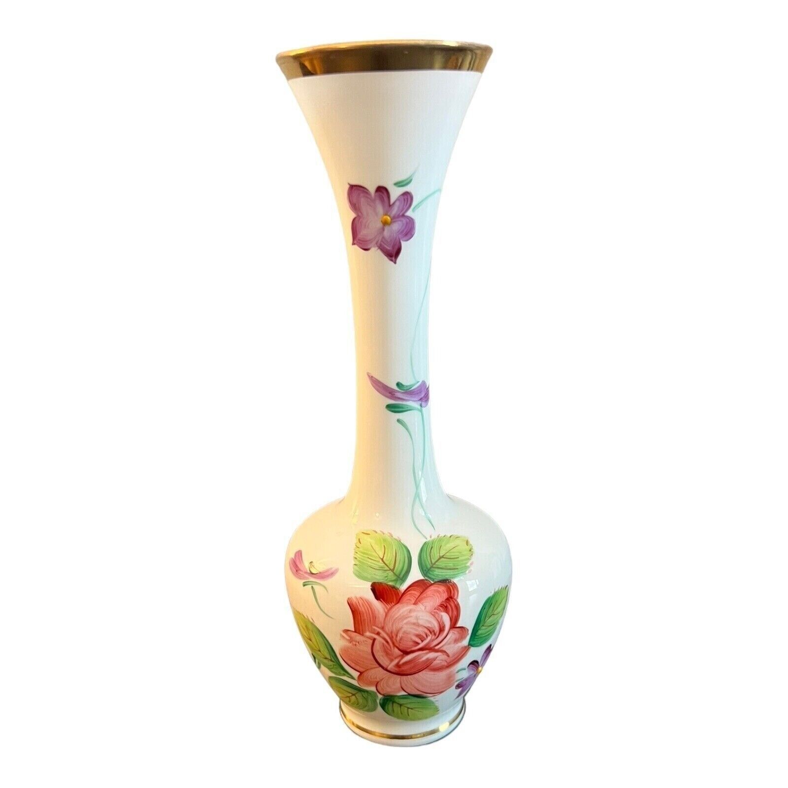 VTG  Enesco Made in Japan Bud Vase White With Floral Pattern Gold Trim  8" Tall - £11.00 GBP
