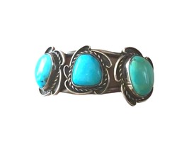 Vintage Navajo Native Indian Cuff Bracelet: Sterling Silver 3 Blue Turquoises - £783.13 GBP