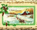 A Merry Chirstmas Pine Baugh Cabin Scene Frame Textured Embossed 1910s P... - $3.91