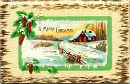A Merry Chirstmas Pine Baugh Cabin Scene Frame Textured Embossed 1910s Postcard - £3.09 GBP