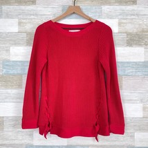 LOFT Lace Up Boatneck Sweater Red Chunky Knit Cotton Casual Womens Small - £15.63 GBP