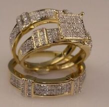 1.75CT Round Diamond Trio Ring Set Wedding 14k Yellow Gold Plated 925 Silver - £107.32 GBP