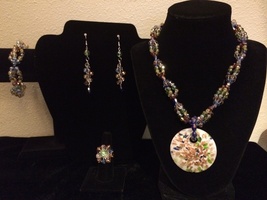 Antique Jewel Set,Multi Color Glass Bead Jewel Set, Three Strand Beaded Jewelry - £72.16 GBP