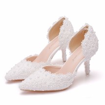 White Lace Flowers Women Wedding Shoes Wristband Bride Ladies High Heels Sandals - £55.59 GBP