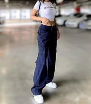 Blue Cargo Pants High Waist Loose Fit Drawstring Unisex Streetwear Retro Size M - $31.92