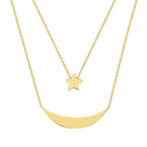 14K Solid Gold Duo Layer Celestial Moon Star Layering Necklace 16&quot;-18&quot; - £302.15 GBP