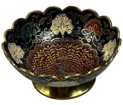 Vintage MCM Brass Peacock Cloisonnè Bowl~Scalloped Edge~ Enameled~Multicolor - £18.95 GBP