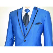 Mens Tuxedo Formal Suit ROYAL DIAMOND Slim Fit 3Pc Vested shiny Satin SL83 Blue image 13