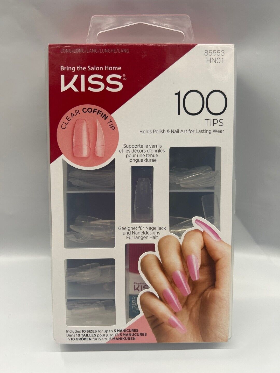 KISS 100 NAILS TIPS CLEAR COFFIN TIPS HN01 HOLDS POLISH &amp; NAIL ART FOR L... - $5.99