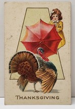 Thanksgiving Greeting Turkey Girl With Umbrella Embossed Postcard B11 - £6.37 GBP