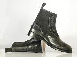 Designer Handmade Men&#39;s Black Cap Toe Boots, Men Leather Suede Button Boots - £127.42 GBP+