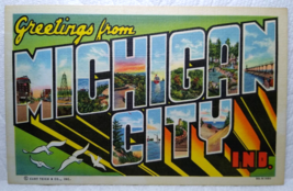 Greetings From Michigan City Indiana Large Big Letter Postcard Linen Birds Gulls - £12.38 GBP